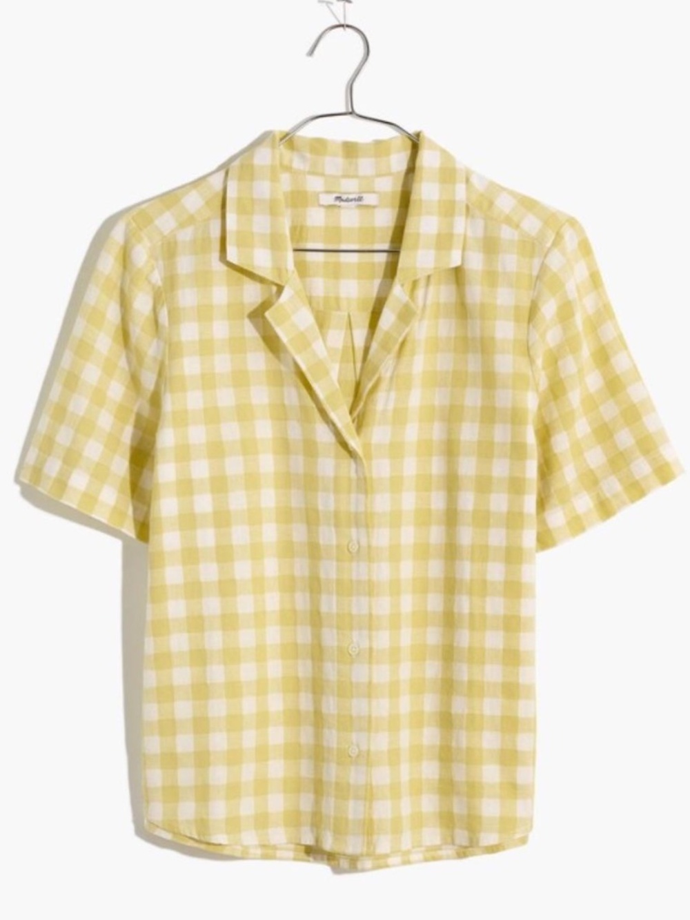 Gingham Cropped Short Sleeve Shirt, Madewell White/Green/Yellow XXS, Linen Blend